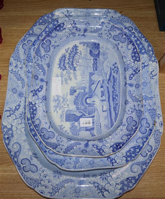 A graduated set of three 19th century spode blue and white meat dishes, Sebastians Gate pattern